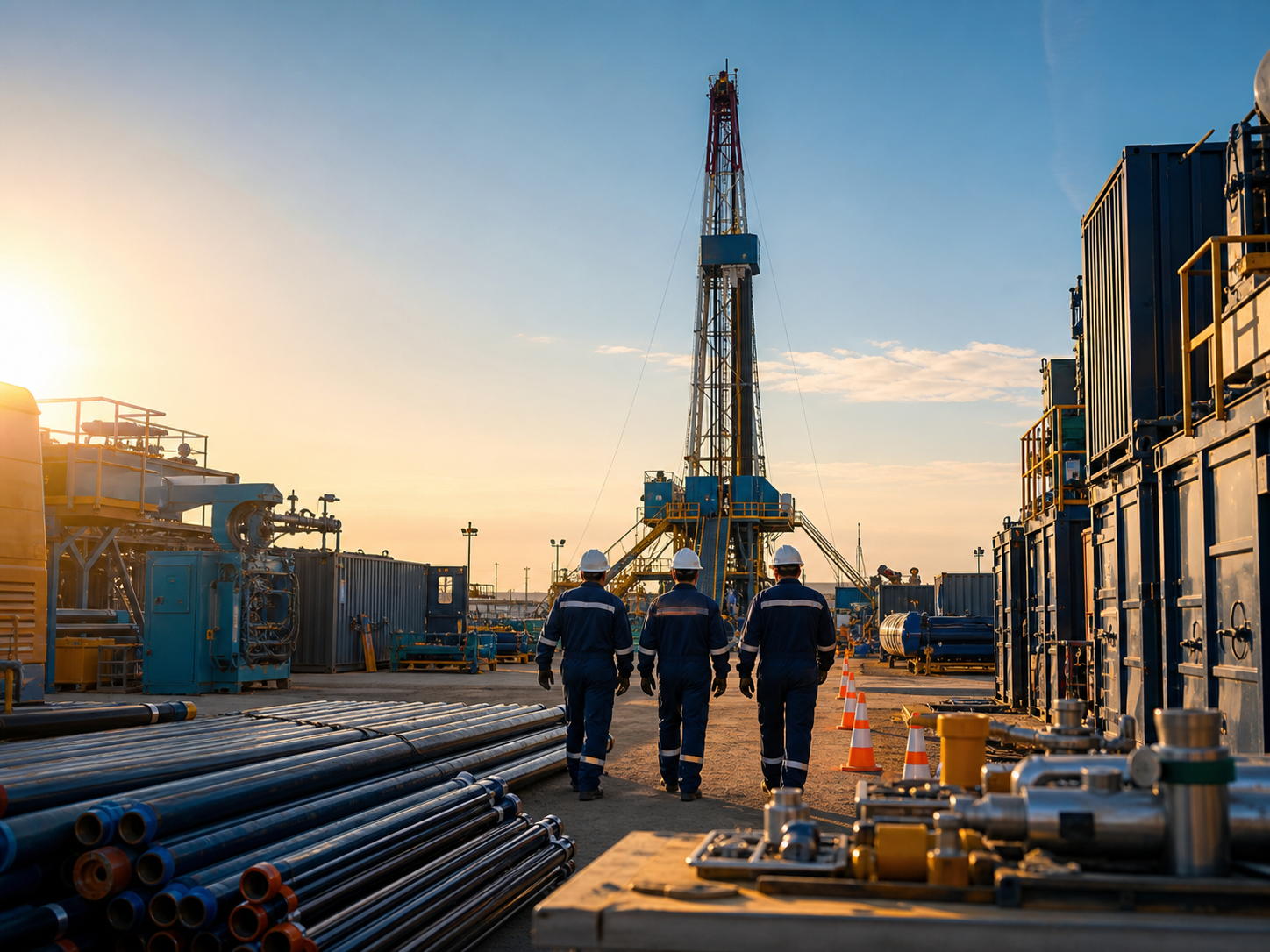Oilfield service team walking toward a rig